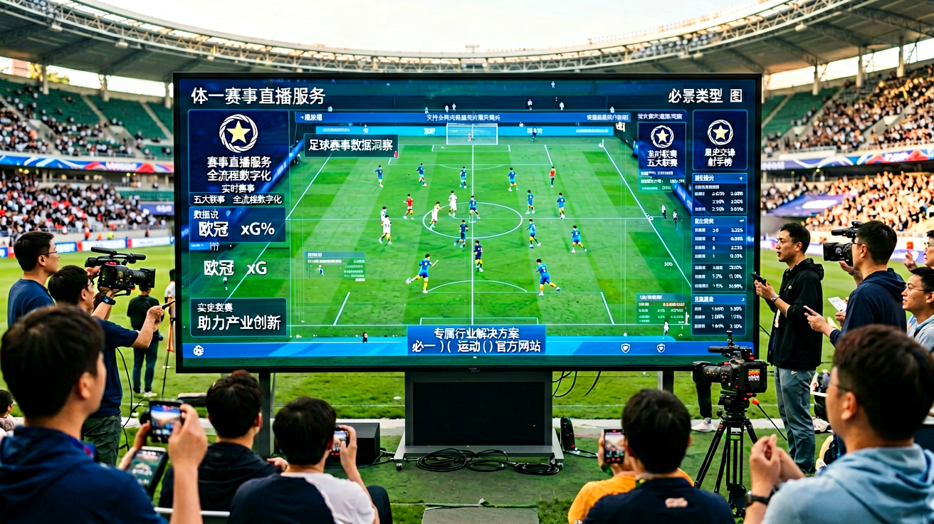 体育赛事直播场景，展示多画面同时直播和实时数据叠加显示